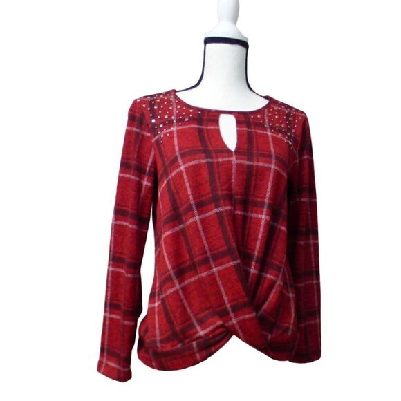 NY Collection Petite Twist Front Knit Keyhole Top, Plaid, Red, PL - Picture 1 of 11